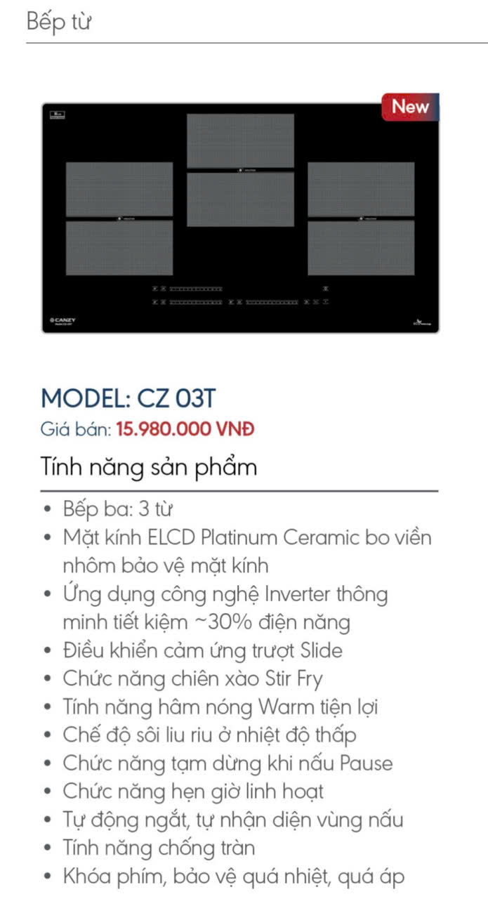 Bếp từ 3 vùng nấu Canzy CZ 03T